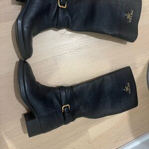 Prada Black Textured Leather Boots with Gold Buckle